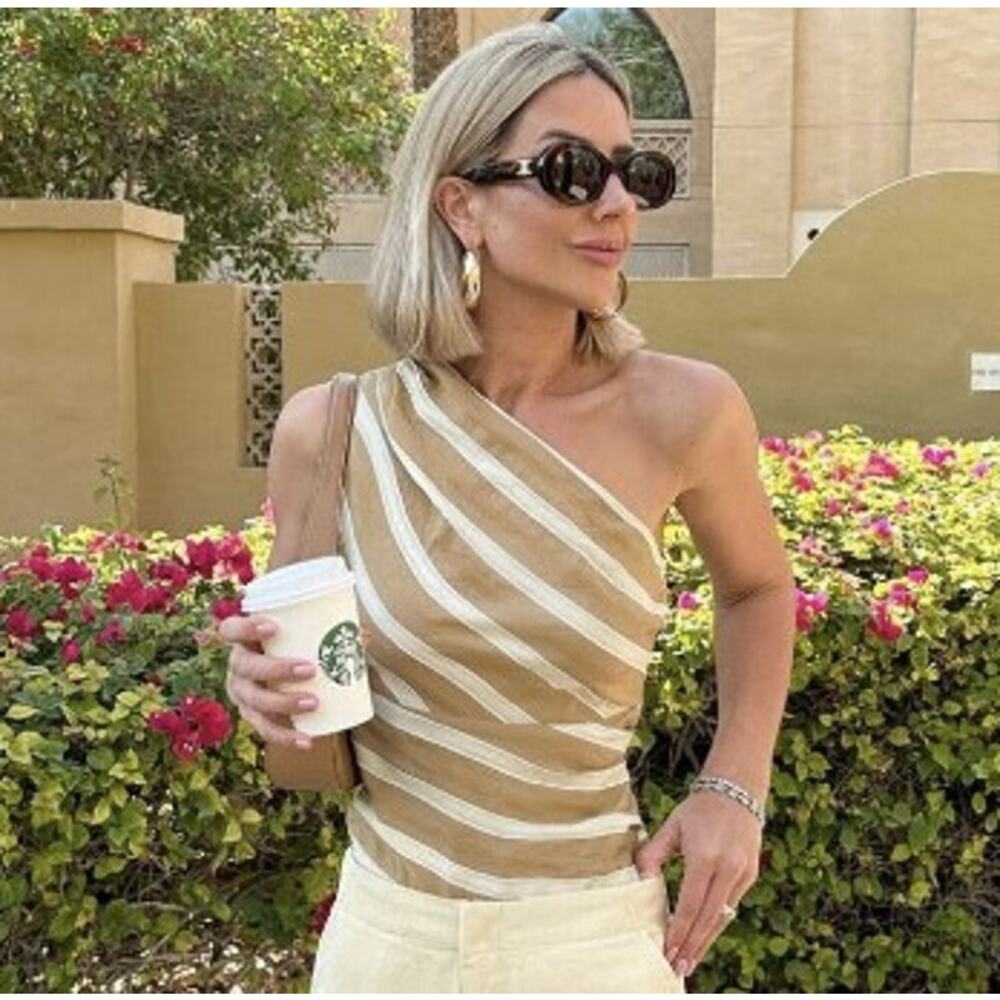 Zara Tan Beige Striped Asymmetric Exposed Shoulder Top Size XS